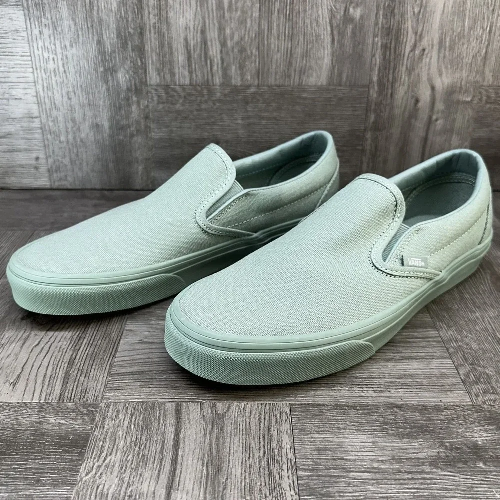 Vans Classic Slip-On Women 6.5‎ Sage Green Canvas Monochromatic Skate Shoes NEW